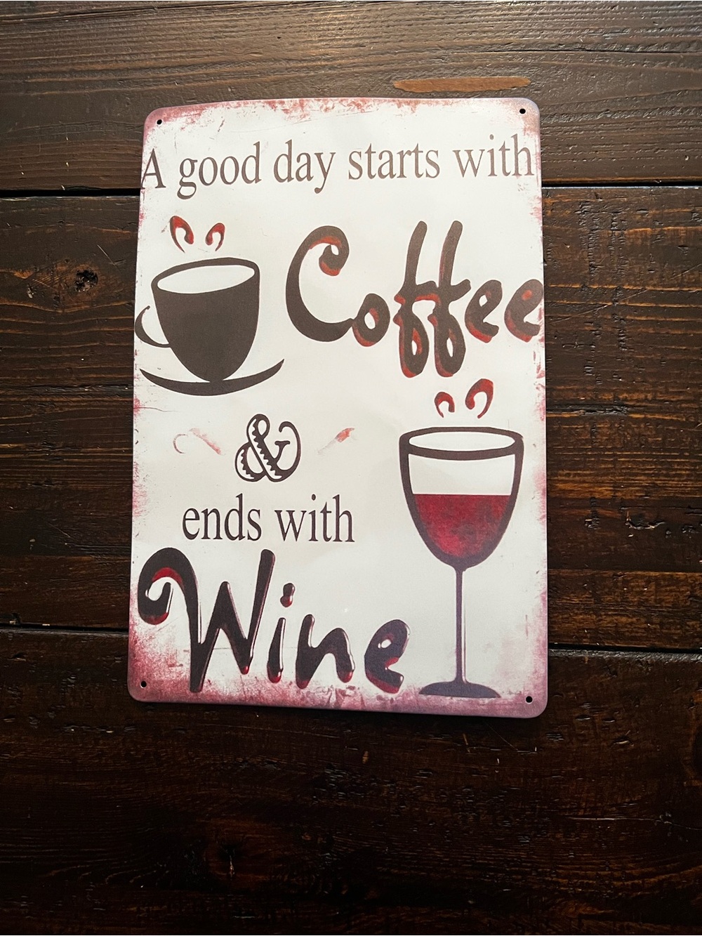 Coffee & Wine Metal Wall Sign - Red and Brown Accent